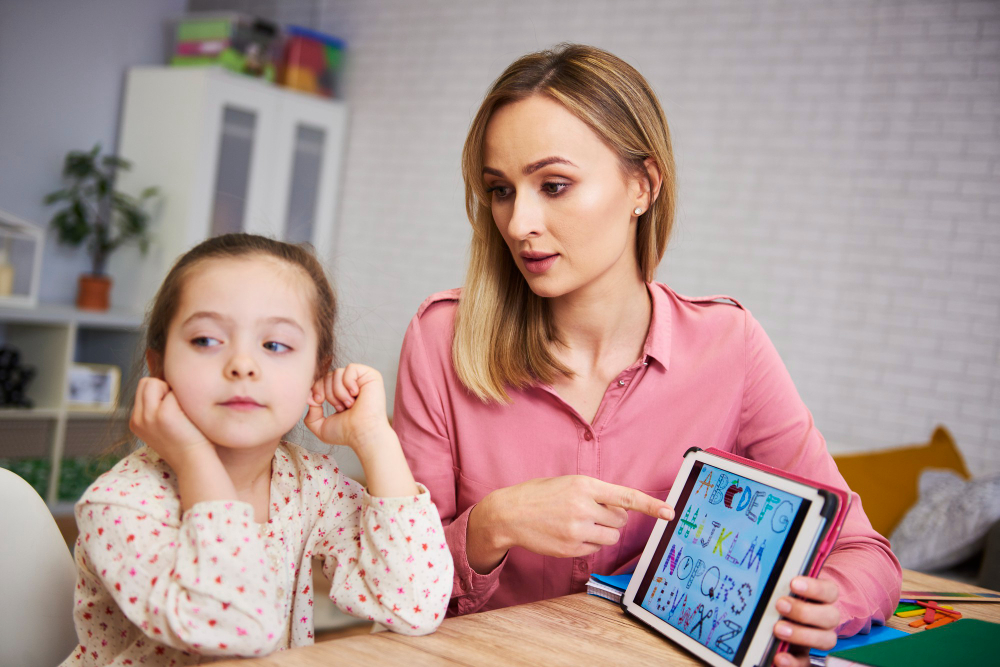 bored girl her mother studying with laptop home