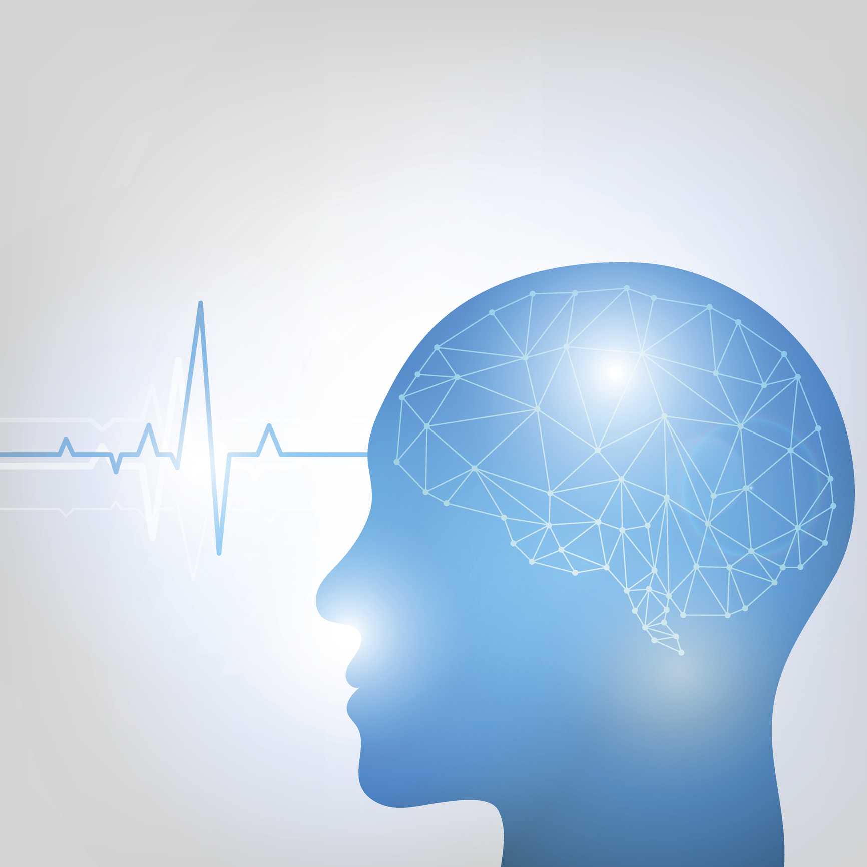 Human head and brain. Different kind of waveforms produced by brain activity shown on background