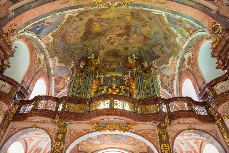 prague loreta interior church czech republic march nativity lord ornate catholic cathedral organ painted ceiling 178465009